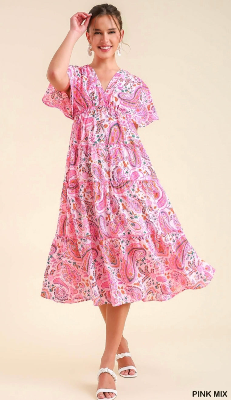 Umgee Paisley Tiered Midi Dress with Plunge Neckline