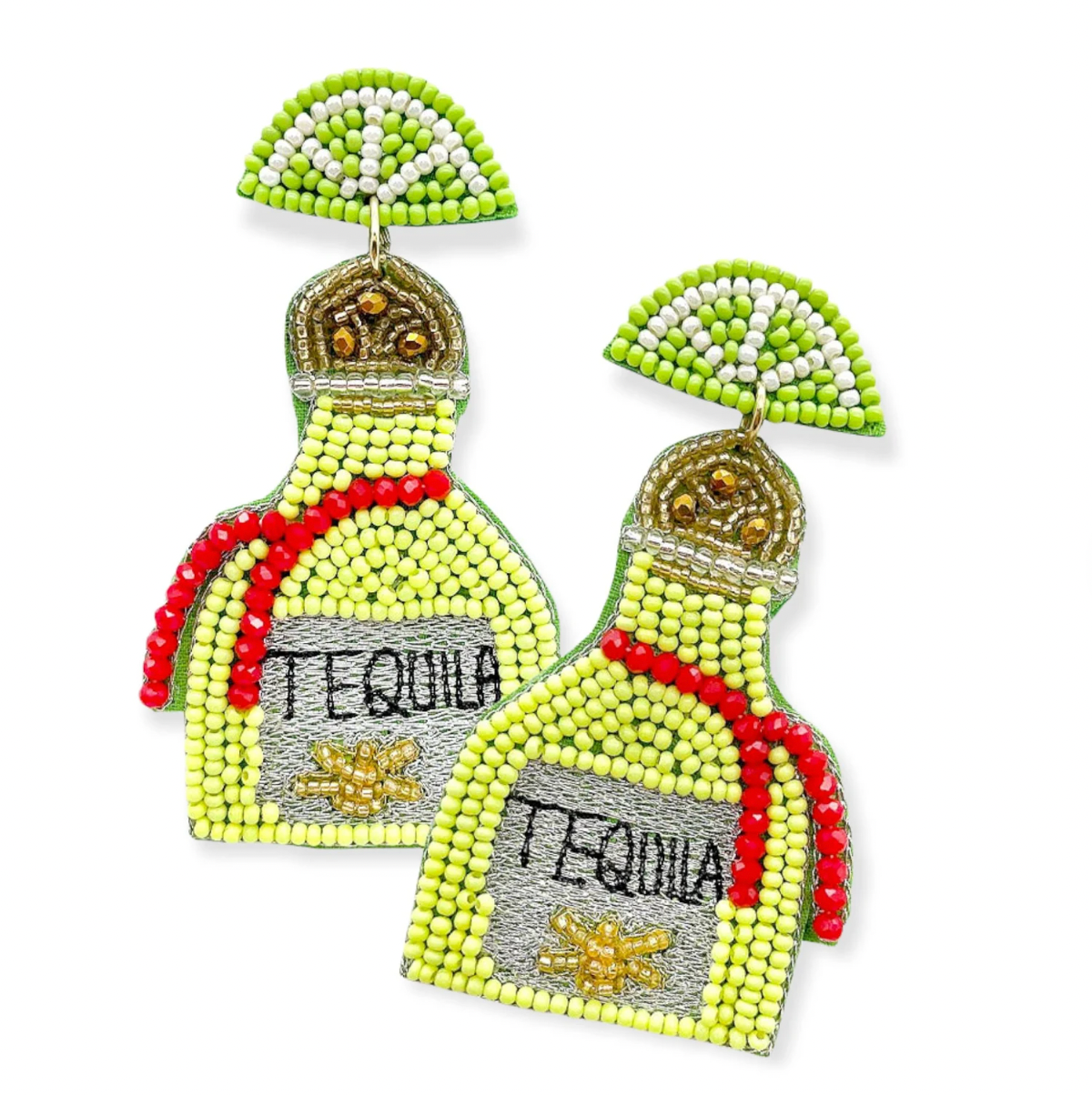 Felt Back Seed Beaded Tequila Message Detail Dangle Earrings