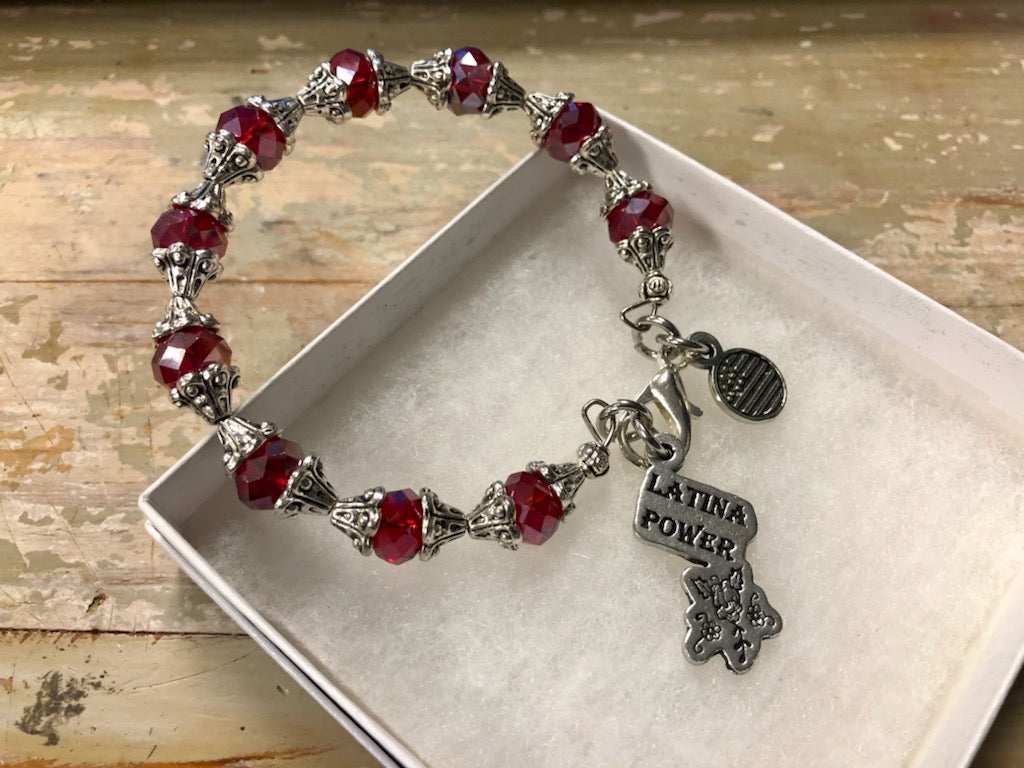 Red Crystal and silver "Latina Power" Bracelet